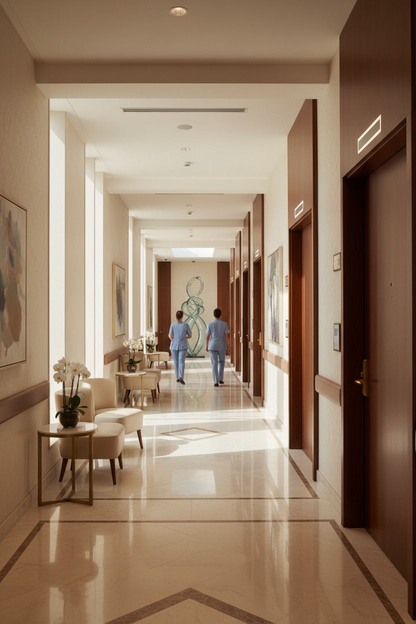 Dos enfermeras caminan por el pasillo iluminado de un hospital con piso de mármol y puertas de madera.