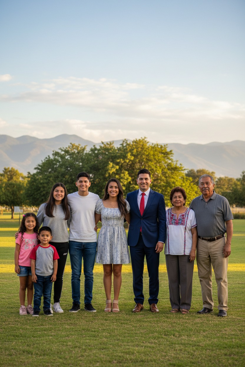 Una familia hispana de tres generaciones posa sonriente sobre el pasto verde en un parque al aire libre, con montañas al fondo.
